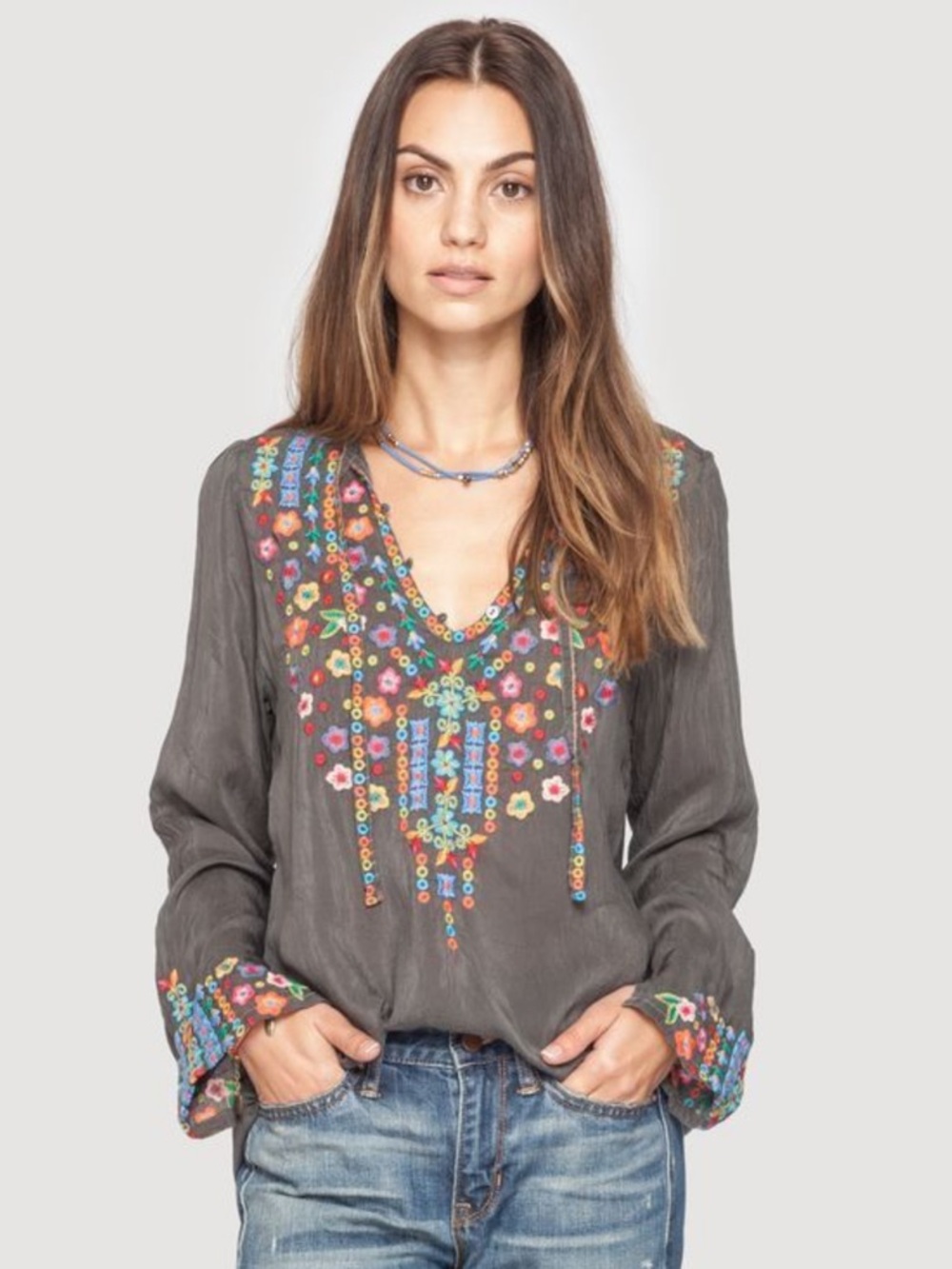 Johnny Was Ditsy Flower Embroidered Top